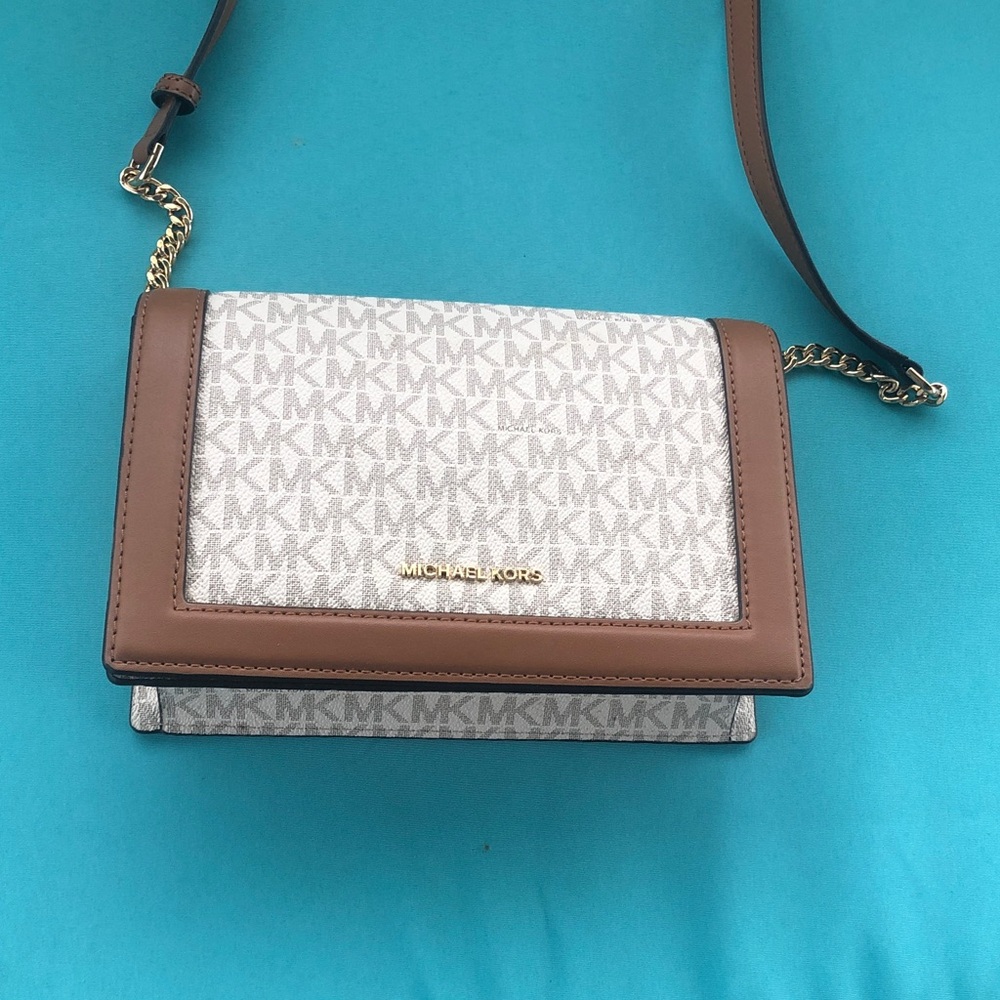 Michael Kors White Logo Crossbody with Brown Trim and Gold Hardware